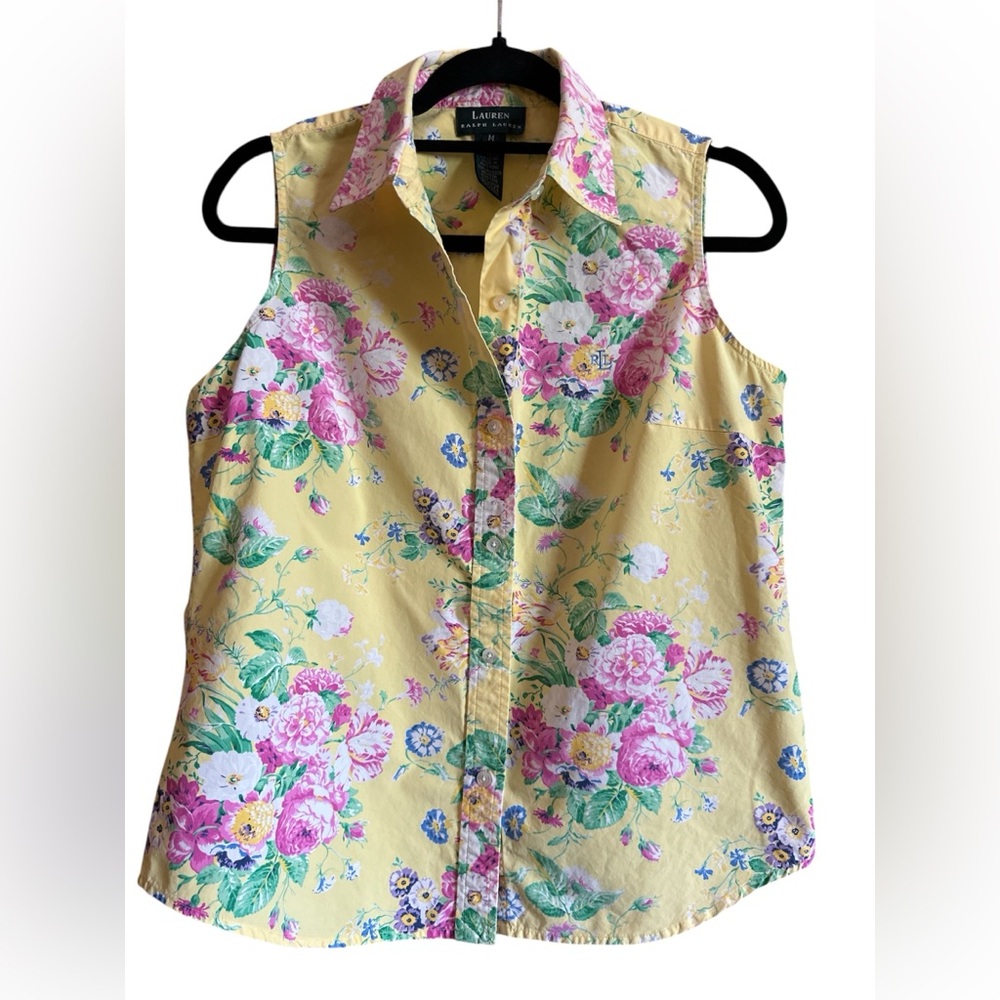 Lauren Ralph Lauren Yellow Floral Button Down Shirt. Logo on Front. Medium 38” B